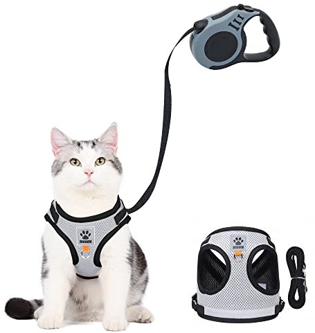 Aedcbaide Arnet pour Chat,Harnais Chien Anti évasion avec Corde de Traction Télescopique Automatique de 5m/16.4 Ft, Réglable et Anti Fugue Harnet pour Chat, Harnais Chaton (S)