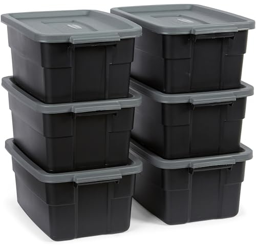Rubbermaid Roughneck 3 Gallon Storage Totes, Pack of 6, Durable Stackable Storage Containers with Lids, Nestable Plastic Storage Bins for Accessories, Office Supplies, Tool Storage, Black and Grey