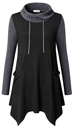 Amrto Bluse Tunika für Damen Turtleneck Pullover mit Asymmetrischem Saum Langarm Shirts Lange Longpullover Elegant Sweatshirt Große Größe mit Taschen, Schwarz & Grau M
