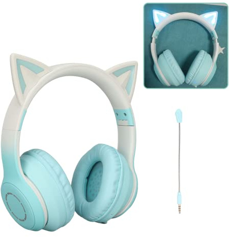 Casque Chat, casque sans fil Bluetooth 5.1 Chat, AUX 3.5mm, casque pliable, bandeau ajustable, mic détachable, 7 couleurs de lumières LED et 4 modes LED, convient aux filles et adultes (Vert citron)