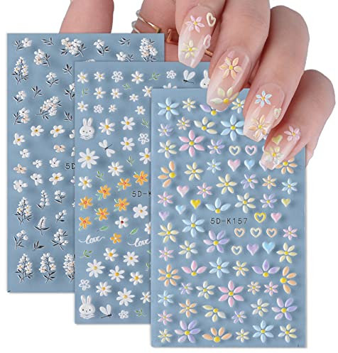 3 Blatt Nagelsticker Selbstklebend 5D Frühling Sommer Blumen Nagel Sticker Nagelaufkleber Nagelfolien Aufkleber Nail Art Stickers Zubehör DIY für Damen Mädchen Weihnachten Nagelkunst Dekoration