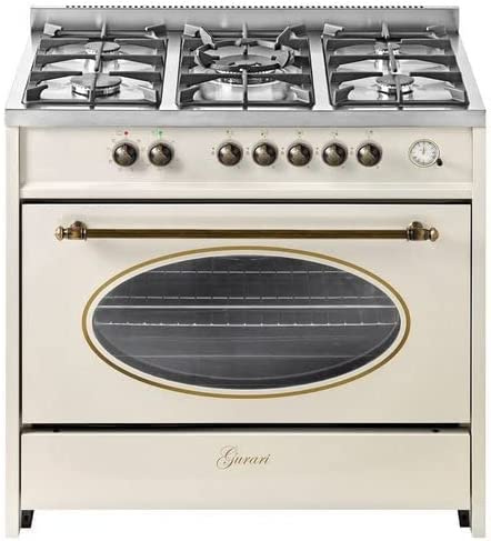 GURARI Cuisinière à gaz 914 Creme Retro, Rétro à gaz Electrique 90 cm/Nostalgie Range Coocker / 121L / 8 fonctions/Air chaud/barbecue / 5 brûleurs de haute qualité / 4 kw WOK/gaz naturel/gaz propane