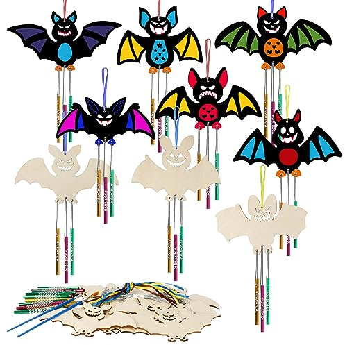 WEDNOK 9 Stück Fledermaus Windspiel Bastelset Halloween Basteln Kinder Holz Bastelhandwerk zum Bemalen Bat Holzbastelset Klangspiel Kreativsets für Mädchen Junge Halloween