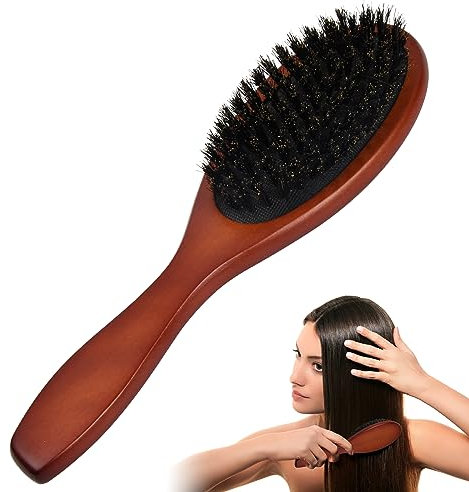 Wisebom Brosse à Cheveux de poils de Sanglier Naturel, Antistatique du Cuir Chevelu Peigne, Ovale Brosse à Cheveux de poils pour Femme Homme et Enfant à Démêler et Coiffer(Brun Foncé)