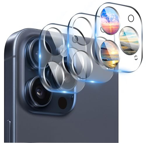 AIYEEN Lot de 3 protecteurs d'objectif d'appareil photo compatibles avec iPhone 15 Pro 6,1 et iPhone 15 Pro Max 6,7, verre trempé 9H, HD transparent anti-rayures [n'affecte pas les photos de nuit]