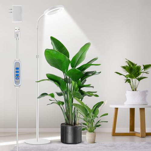 Aumtrly Grow Lights for Indoor Plants, 68 inches Floor Standing LED Grow Lamp Full Spectrum for Growing Large Tall Plants, White Indoor Plant Light with 6/12/16H Timer, 5 Dimmable, 3 Modes