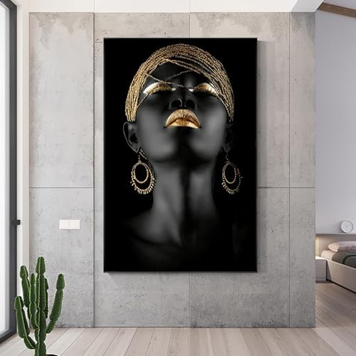 FSLEOVN Schwarze Frau Bilder Auf Leinwand Abstrakte Schwarz Gold Leinwandbilder Afrikanische Frauen Wandbilder XXL Wanddekoration No Framed (Schwarz Gold,50x100cm)