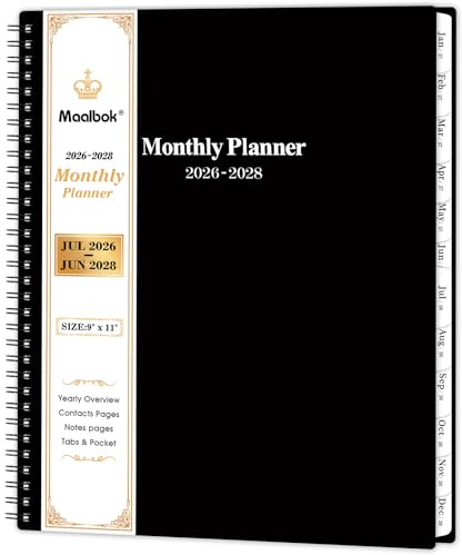 2026-2028 Monthly Planner/Calendar - July 2026 - June 2028, Monthly Calendar 2026-2028, 9 x 11, 2 Years Planner, Cardboard Cover, Black
