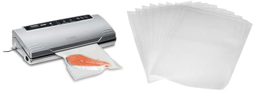 CASO VC100 Vakuumierer - Vakuumiergerät, Lebensmittel bleiben bis zu 8x länger frisch & Amazon Basics Vakuumierbeutel 22cm x 30 cm, 50 Stück
