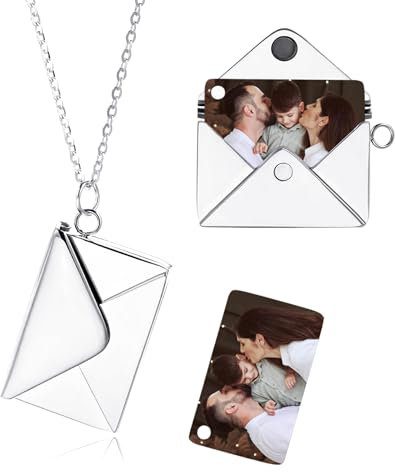 MeMeDIY Collana con Medaglione Personalizzato Collane di Lettere D'amore a Busta Medaglione a Cuore/Collana con Medaglione con ali d'angelo con Foto per Donna -A1 Foto