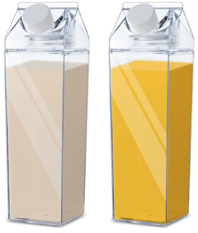 Iceten 2 st 500 ml/17 oz genomskinlig mjölkkartong i plast – fyrkantig mjölkkartong vattenflaska, tom återanvändbar mjölkbehållare, bärbara juiceflaskor för förvaring av hemlagade drycker, mjölk,