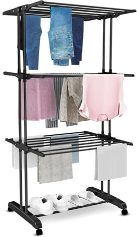 Vonia Wäscheturm mit Rollen – schwarzer Wäscheständer aus Metall, 3 Ebenen & 6 klappbare Flügel, 72 x 50 x 172 cm – platzsparend, mobil & stabil für Innen- und Außenbereich