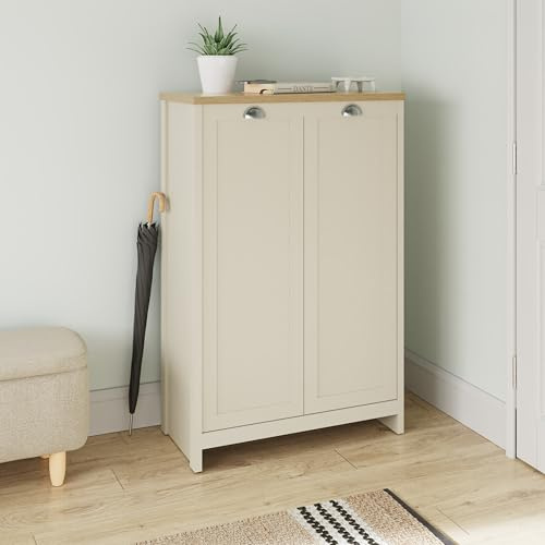 GFW Lancaster 2 Door Shoe Cabinet, Cream and Oak Effect Shoe Storage Cupboard with 5 Adjustable Shelves, Hallway Storage Furniture