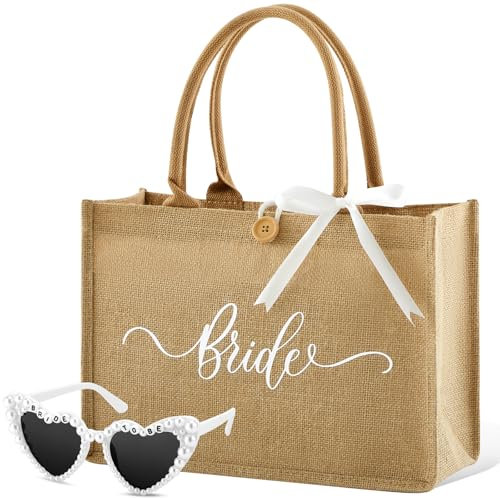 Weewooday 2 Stück Braut Geschenke Set Jute Braut Tragetasche Bride To Be Brille Herzförmige Sonnenbrille JGA Bride Tote Bag mit Band 35 x 25 x 13 cm Zubehör für Hochzeit Brautparty Frauen (Klassisch)
