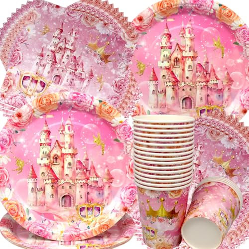 Schloss Geburtstag Deko,Doyomtoy 60 Stück Schloss Partygeschirr Pink Castle Prinzessin Mädchen Geburtstag Party Geburtstagsteller, Tassen, Servietten für Kinder Blumen Party Deko Baby Shower
