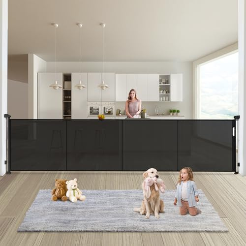 Retractable Baby Gates Dog Gate - 200 Extra Wide Expandable Child Safety Gate, 37 Tall Toddler Pet Mesh Gate with Reinforced Strips for Doorways, Stairs, Hallways, Outdoor & Indoor Large Openings