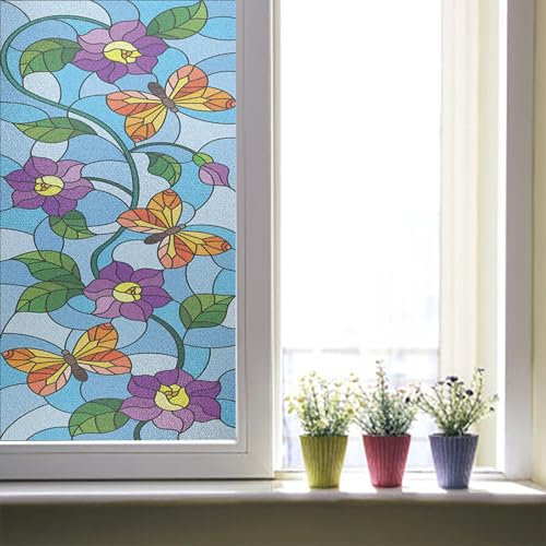 Sichtschutzfolie Fenster Blaue Lila Blume Sonnenschutzfolie Fenster,Sichtschutz Fensterfolie,Durchsichtig Thermofolie Fenster Gegen Hitze,Milchglasfolie Statisch Haftend