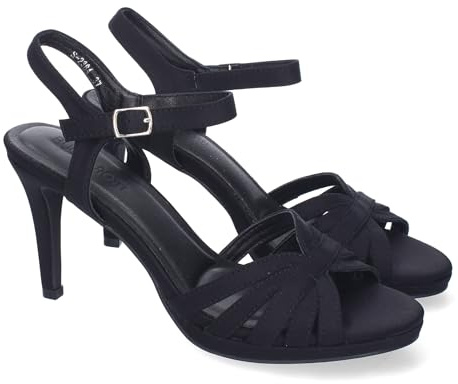 shoes&blues.es 88495 Sandalias de Tacon de Fiesta para Mujer, Adornos Cruzados en la Pala y Correa Ajustable de Hebilla. Negro Talla 40
