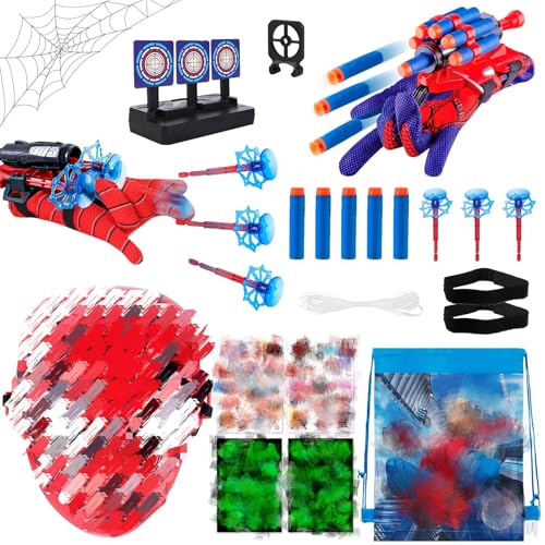 23 Stück Spider Launcher Handschuh, Super Spider Launcher, Kids Spider Hero Handschuhe mit Maske und Aufkleber, Handgelenk Spielzeug Set, Cosplay Spiderm Handschuhe Launcher Spielzeug für Kinder Fans