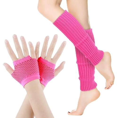 katmerio Elastische Neon Beinstulpen und Netzhandschuhe, 80er 90er Jahre Kostüm Zubehör, Neon Beinwärmer Retro Party Accessoires für 80er 90er Kostüm Party Fasching Karneval Zubehör