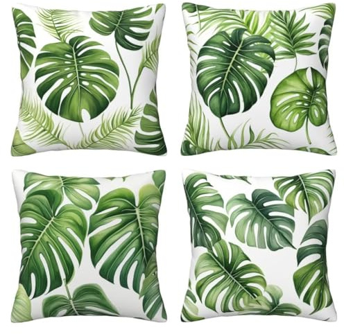 Green Cushion Covers 35cm x 35cm, Set of 4 Small Sofa Cushions Monstera Deliciosa Throw Pillow Cases 14x14 Inches, Decorative Linen Cushion Cover Square Pillowcases for Livingroom Bedroom -LI288