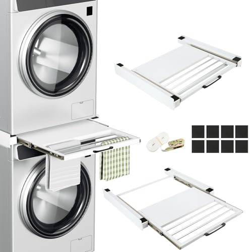 Fiqops Cadre intermédiaire avec plaque d'extension, cadre de connexion pour machine à laver et sèche-linge avec corde à cliquet, cadre de connexion universel pour machine à laver avec étagère