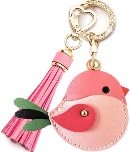 YOU WIZV Airtag Keychain Cute Bag Charm，Leather Bird Keychains With Pink Tassel Key Chain Accessories, AirTag Holder Purse Charms for Girls Handbags