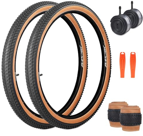 ZUKKA 2er-Pack Fahrradreifen 27,5 x 2,125 Mountainbike Reifen Mantel 57-584 + 2er-Pack Fahrradschläuche AV48mm Klappbarer Ersatzreifen für MTB Mountainbike, Kinder,Braun