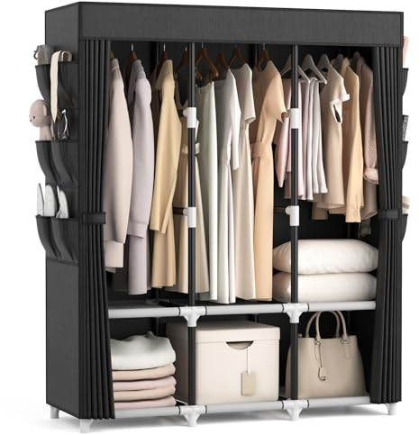 VTRIN Portable Closet for Hanging Clothes 52 Inch Wide Portable Wardrobe Closet with Cover, 6 Storage Shelves and 3 Hanging Rod, Diameter 19mm Metal Pipe, Sturdy Closet for Bedroom, Black