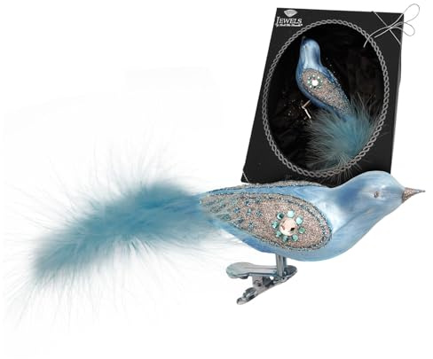 Krebs Glas Lauscha - Weihnachtsdekoration/Christbaumschmuck aus Glas - Vogel exquisit auf Clip mit Feder - Farbe: Blau, Silber mit Blauer Feder - Größe: ca. 17 cm