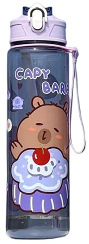 Botella de agua de Kawaii, botella de agua de Capybara 750ml Kawaii transparente con tazas para beber fugas de paja con mango para mujeres deportistas para acampar de caminata de picnic, púrpura tran