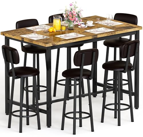 Recaceik 50 Dining Table Set for 6, 7-Piece Counter Height Bar Table Set with Upholstered Stools, Space-Saving Modern Pub Set for Kitchen, Breakfast Nook & Home Bar, Rustic Brown