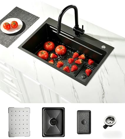 Diskho svart rostfritt stål 70 x 45 cm, diskho kök, diskho kök, ersättnings-innerdiskho, avfrostningsgaller och vattenlås, diskho 1 ho, inbyggd diskho med två kranhål