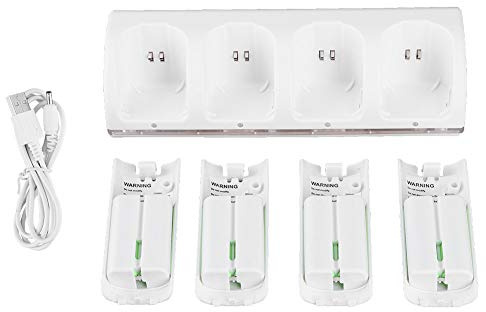 Stazione di ricarica 4 in 1 per telecomandi Wii U, caricabatterie controller Wii con 4 batterie ricaricabili da 2800 mAh, indicatore LED Dock di ricarica per telecomando Wii, cavo