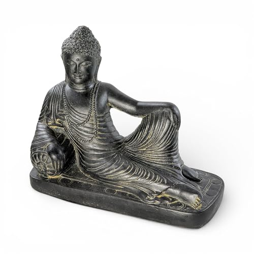 FaHome Buddha Skulptur liegend – Garten Terrasse Wohnzimmer Deko – Wetterfest – Stein Figur Meditation schwarz Gold – 30x35x15 cm