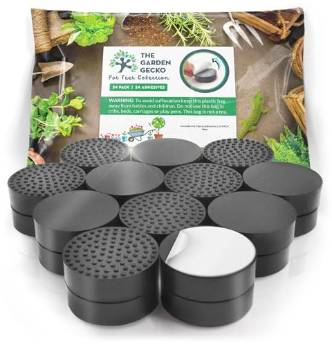 The Garden Gecko Invisible Pot feet for outdoor plant and flower pots, solid rubber pot risers with enhanced non-slip surface grip | 24 PACK + 24 STRONG SELF-ADHESIVE PADS (Pebble Black)