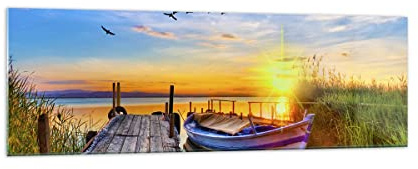 Bilder auf Glas 160x50cm Wandbild Glasdruck Landschaften Maritim - 3983 | See Boot Wasser Panorama Groß XXL Modern Dekoration Wohnzimmer Schlafzimmer Küche Wanddeko Kunstdruck Art Wall Decor ARTTOR