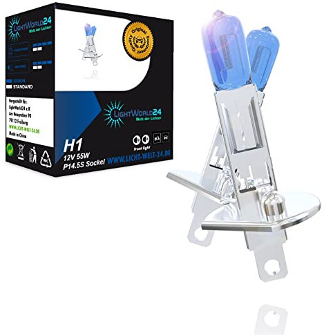 LIGHTWORLD24 Auto Lampe H1 Motorrad Birne Halogen Scheinwerferlampe Abblendlicht Glühbirne P14.5s Sockel 12V 55 Watt Xenon Optik 2 Stück