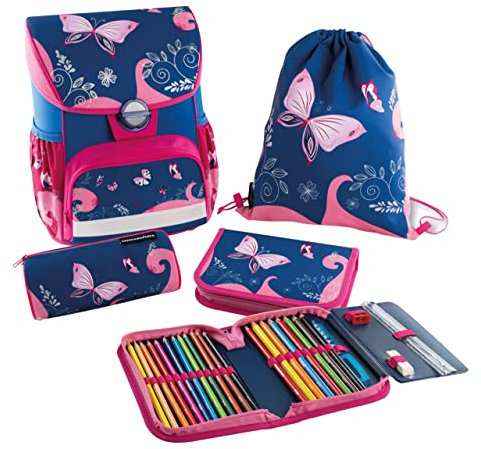 Eberhard Faber 577650 - Schulranzen Set Schmetterling, EFAlino, 4-teilig, mit Schulrucksack, Schüleretui, Schlamperrolle und Turnbeutel