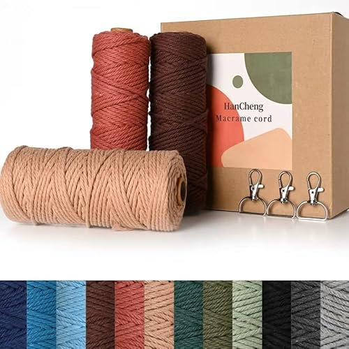 HanCheng 60m x 3mm Makramee Garn Bunt Farbverlauf 3er Set,Farbig Makramee Garn mit 3 Schlüsselanhänger—Morandi:Braun,Bordeaux,Altrosa