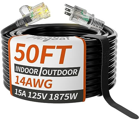 14/3 Gauge Black Outdoor Extension Cord 50 ft Waterproof with Lighted Indicator, Cold Weatherproof -40°C, Flexible 3 Prong Extension Cord Outside,15A 1875W 14AWG SJTW, ETL Listed PlugSaf
