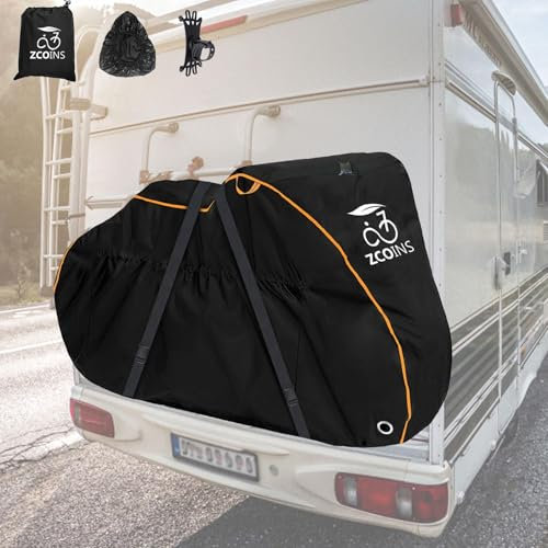 ZCOINS On-Rack Waterproof Bike Cover for 2 Bikes with Lock Holes– Heavy-Duty 600D Reinforced Fabric, Tear-Resistant and Abrasion-Proof, for Transport and Outdoor Storage, Includes Storage Bag