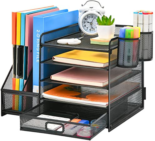 Marbrasse Desk Organiser File Holder,5-Tier Paper Letter Tray Organiser with Drawer,2 Pen Holder,Mesh Desktop Storage with Magazine Holder for Office Supplies (Black)