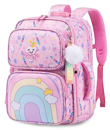 FANDARE Carino Zaino per bambini Cartelle Scuola Elementare Zaino Casual Ragazzi Zainetto per Studenti Primarie Viaggiare con Striscia Riflettente con ciondolo in peluche Rosa