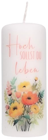 Butzon & Bercker Geburtstagskerze Hoch sollst du leben - Stumpenkerze | Deko-Kerze mit Blumenstrauß-Motiv, Ø 6 x 15 cm, 45h Brenndauer, Aquarell-Design in Rosa & Gelb, Geschenkidee für Frauen