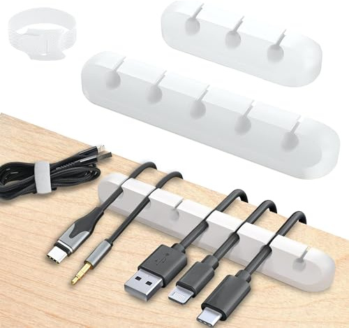 AG LogiShop Kit 3 Organizador de Cables Escritorio + 10 Bridas Reutilizables | Sujeta Cables Adhesivo para Ordenar Cables en Oficinas y Hogares (Blanco)