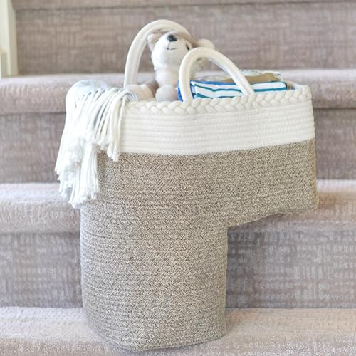 Stair Basket for Carpeted & Wooden Stairs - Cotton Rope Basket Staircase Handles - Storage Stair Steps For Laundry, Toys, Nursery Caddy - Cream & Brown 15.75 L x 7.87 W x 15.75 H