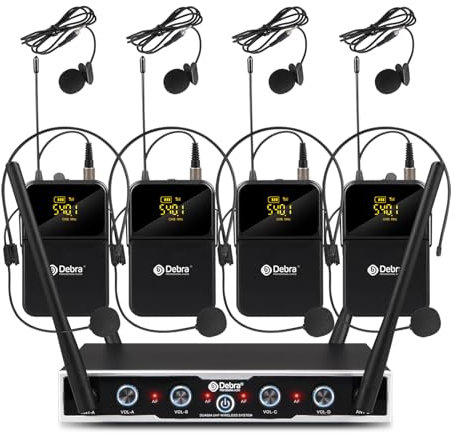 Debra 4-Kanal UHF Funkmikrofon Set mit 16 Frequenzen | 80m Reichweite, 4X Bodypack + Headset/Lavalier | Studio-Sound für Gesang, Karaoke & Konferenzen