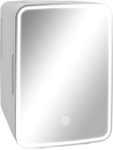 HOMCOM Mini Fridge for Bedroom or Car with Dimmable LED Mirror (10L/8 Can), Cooler and Warmer, Portable Skincare Fridge, AC/DC Powered Small Refrigerator for Skincare, Beverage, Food, Cosmetics, White