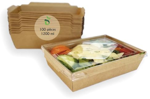 ECOPICNIC Lot de 100 Lunchbox en Kraft 1200 ML avec Couvercle | Boîtes Alimentaires jetables en Carton Kraft pour Repas à emporter, barquettes écologiques avec Couvercle pour salades, gâteaux